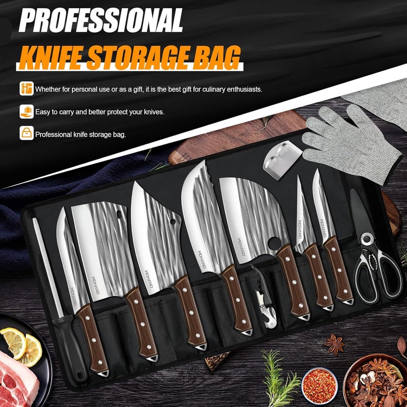 MDHAND 14PCS Professional Butcher Knife Set with Roll Bag, Hand Forged Serbian Chef Knife Set, Heavy Duty Meat Cleaver Knives, Boning Knife, Meat Cutting Knife for Kitchen, Gift for Men, BBQ, Camping - Image 2